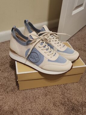 Michael Kors Cream and Pale Blue MK Logo Knit Sneakers